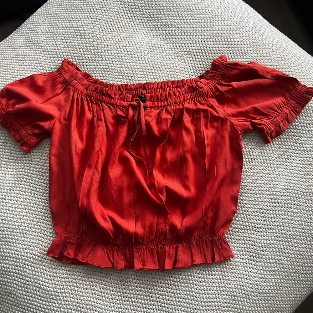 Forever 21 Red Smocked Puff Sleeve Crop Top